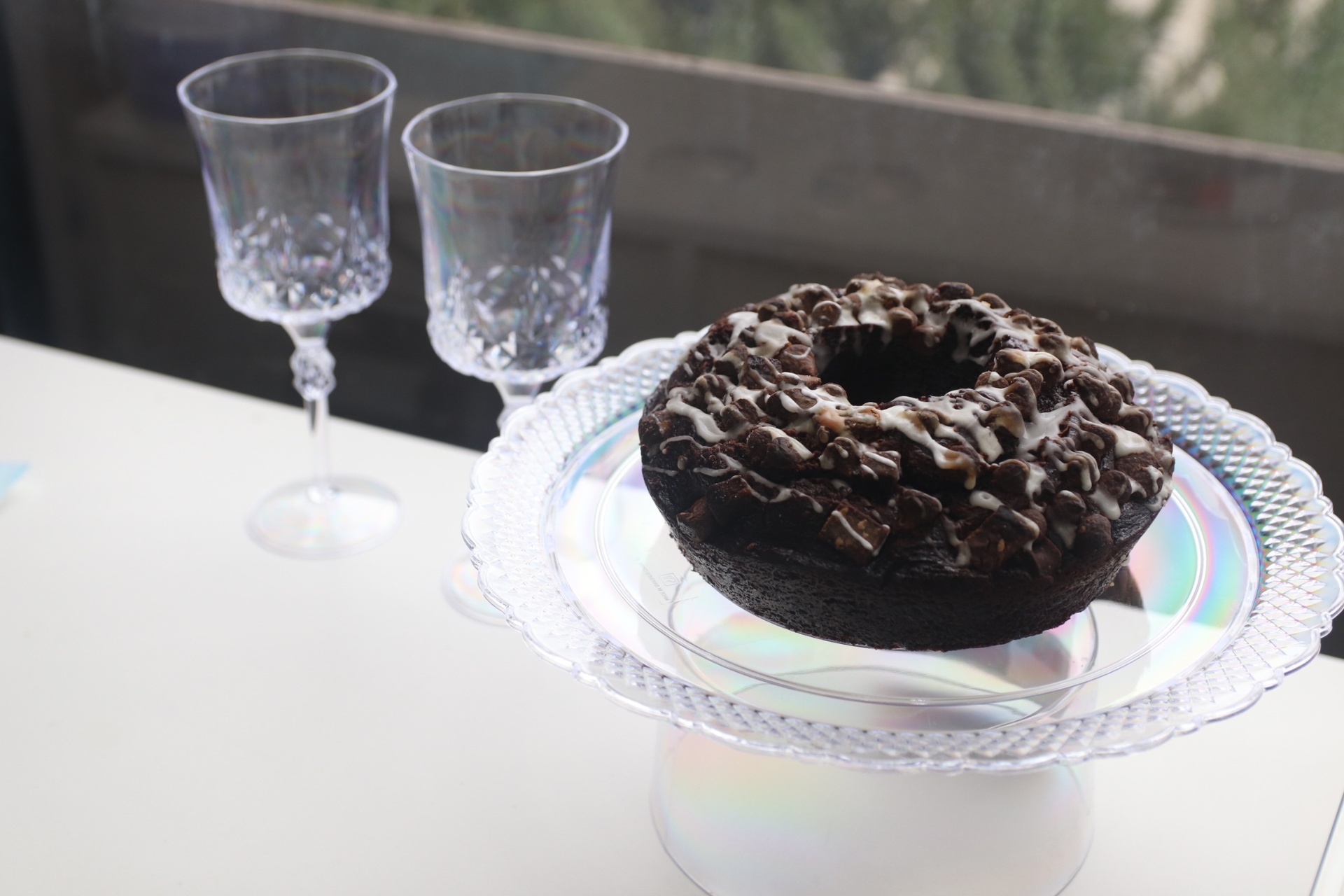 Homemade chocolate cake served to clients